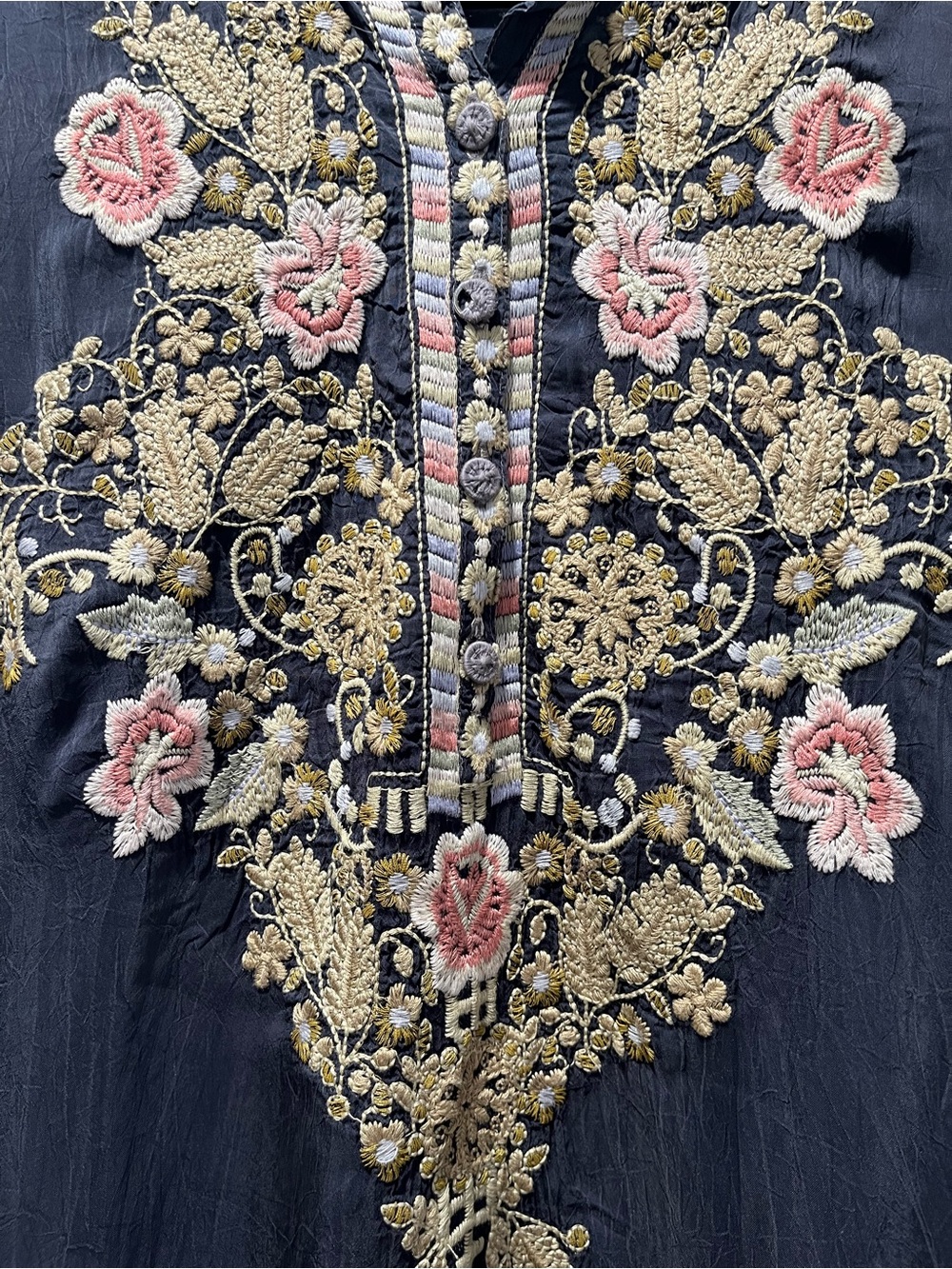 Johnny Was Navy Tunic with Gold and Pink Floral Embroidery - Picture 3 of 8